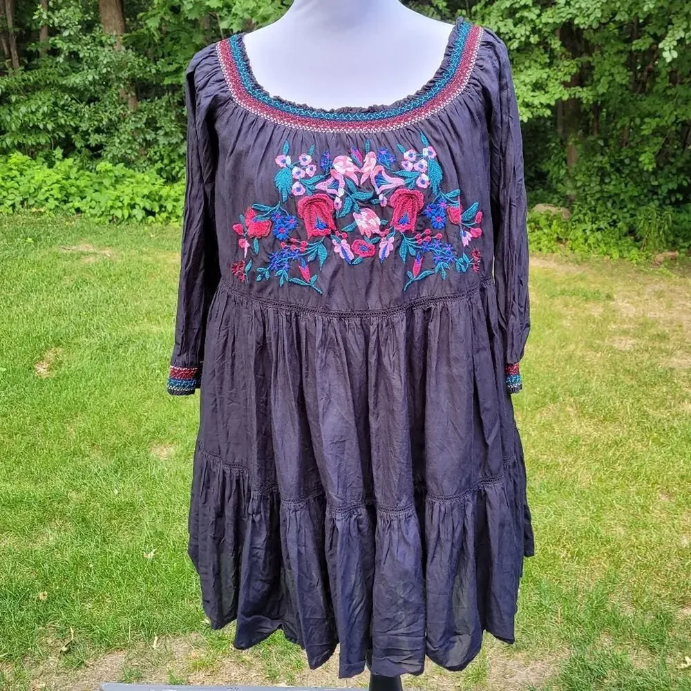 Free People Sun Beams Embroidered Off-The-Shoulder Mini Dress size Large